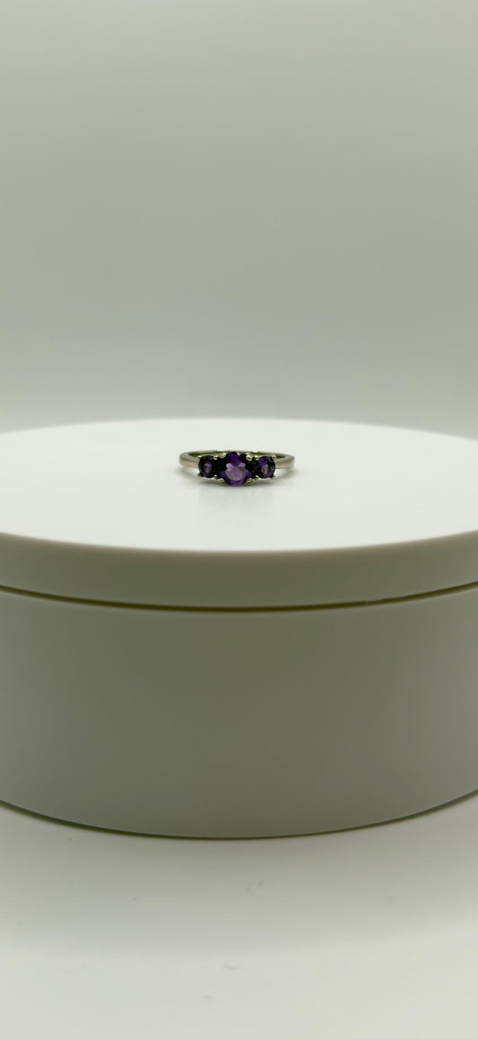 Triple Amethyst Ring – Oval & Round Cut – Silver Split Band – Bold Elegant Design - Size 8
