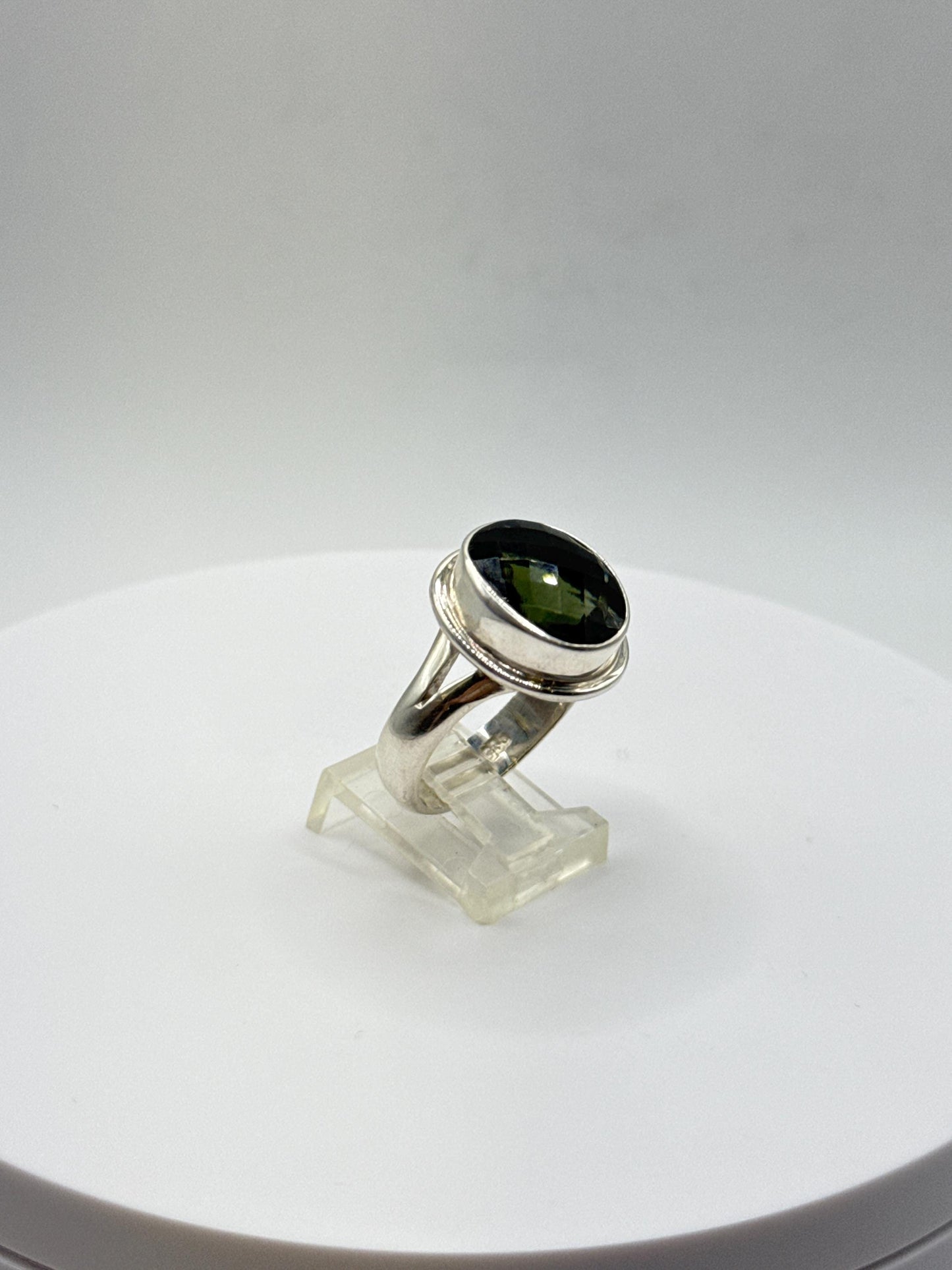 Faceted Moldavite Sterling Silver Ring | Czech Tektite, Size 10
