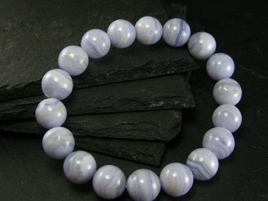 Blue Lace Agate Genuine Bracelet ~ 7 Inches ~ 12mm Round Beads