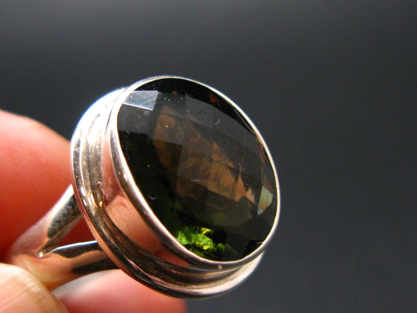 Moldavite Tektite Facetted Silver Ring from Czech Republic - Size 10 - 9.0 Grams