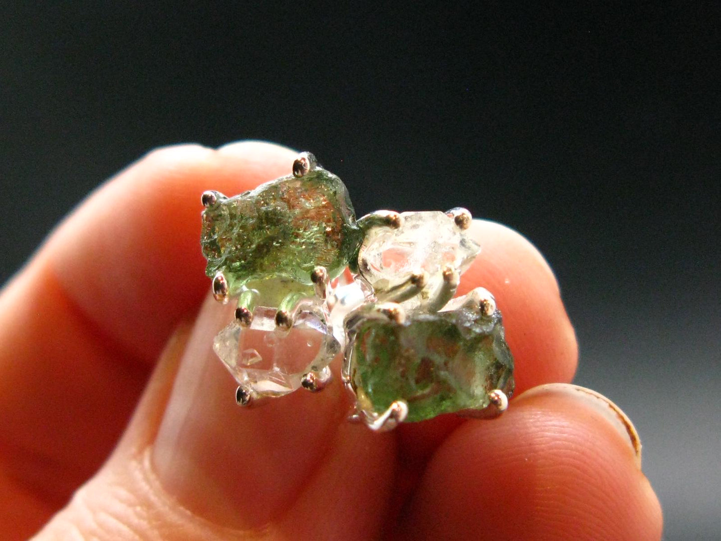 Moldavite & Herkimer Diamond Silver Stud Earrings - 0.7" - 2.55 Grams