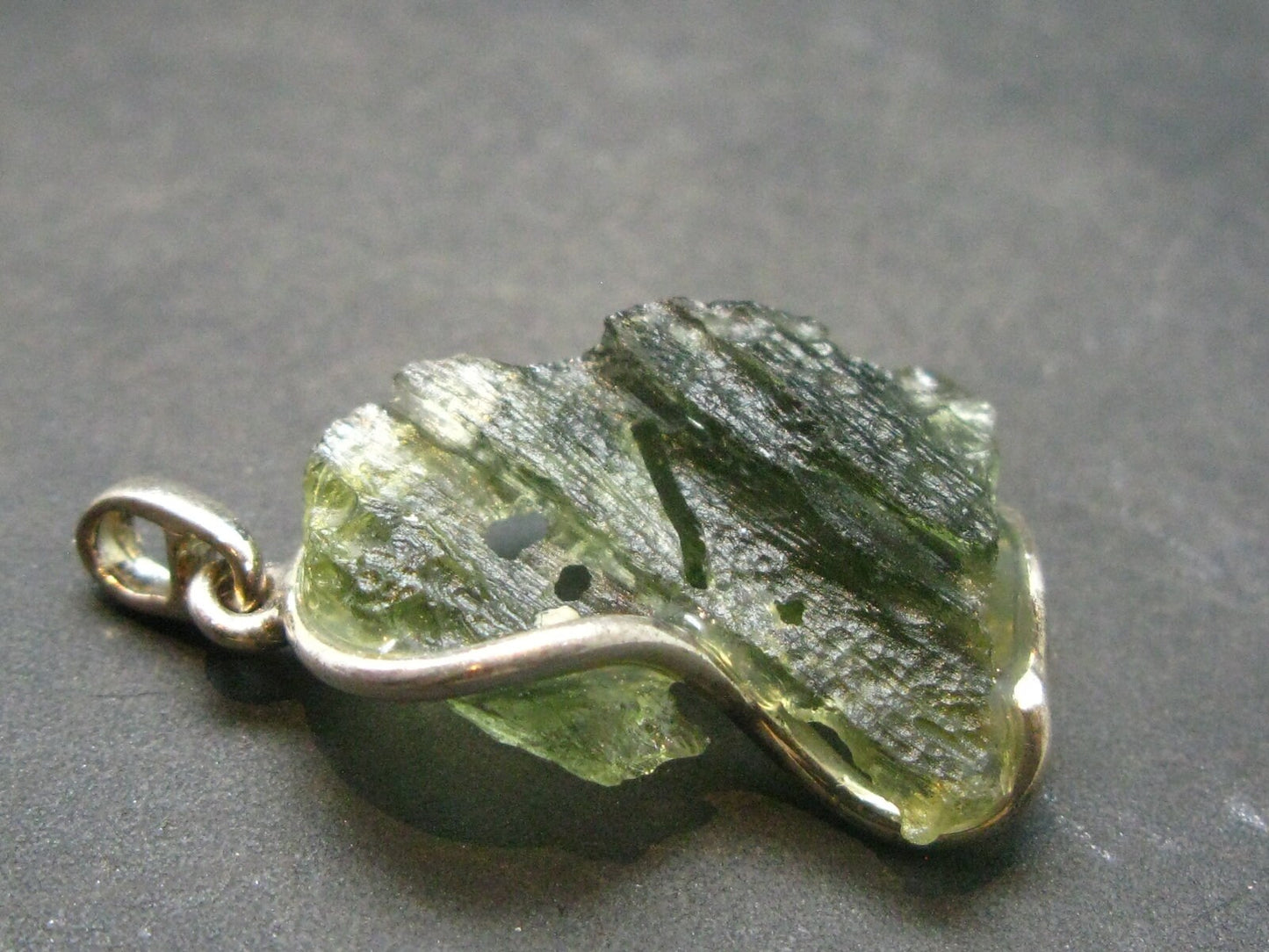 Moldavite Tektite Silver Pendant from Czech Republic - 1.4" - 5.34 Grams