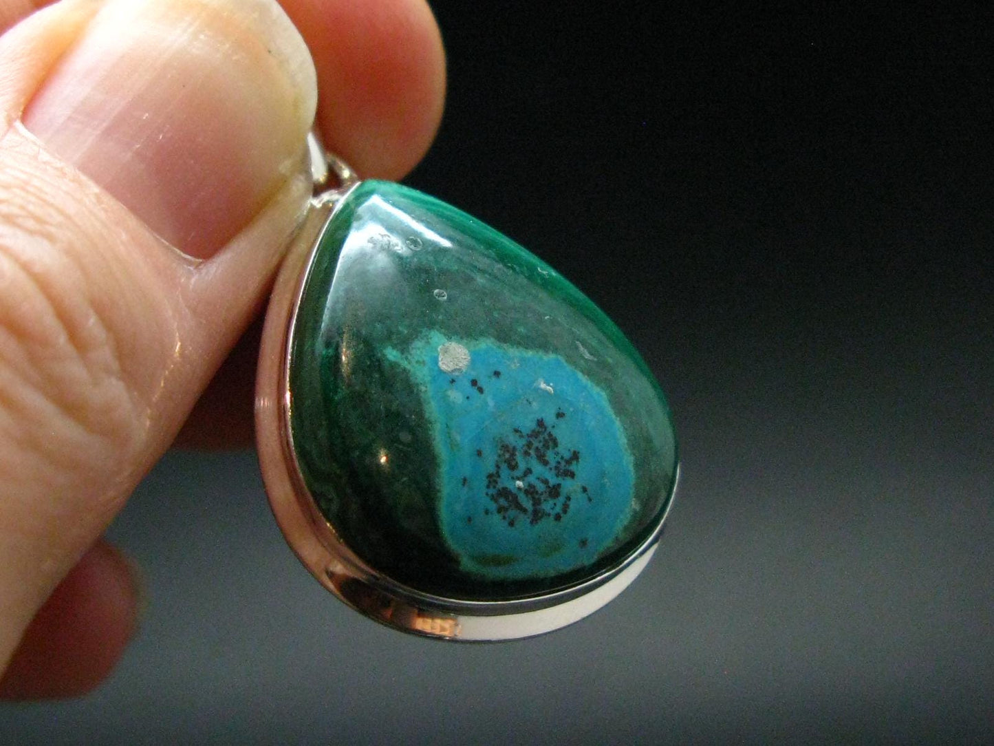 Malachite And Chrysocola Silver Plated Pendant from Congo - 1.4" - 8.0 Grams