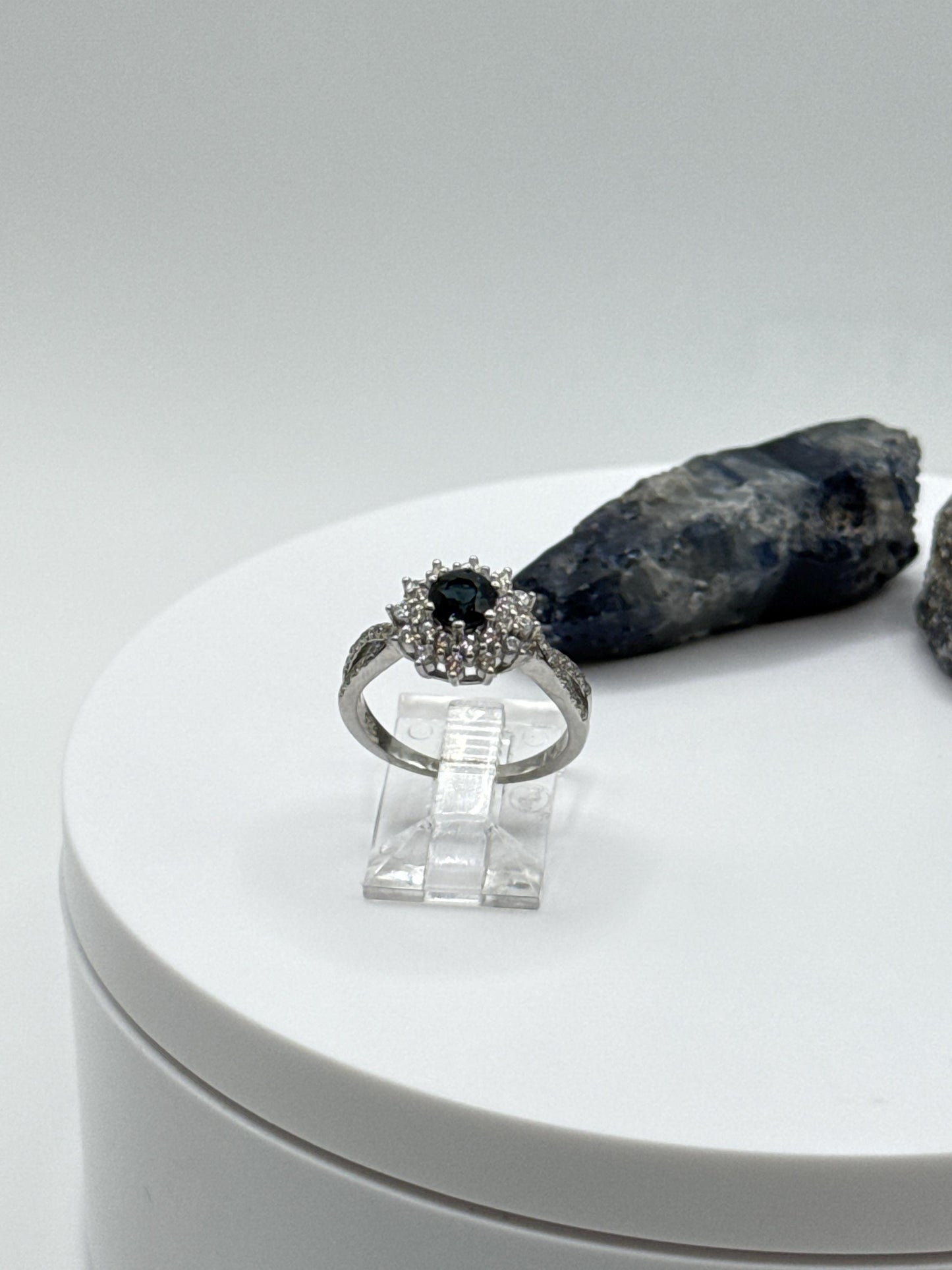 Blue Sapphire Halo Ring: Sterling Silver September Birthstone, Size 6