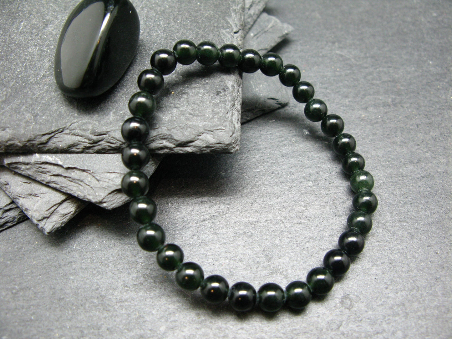 Black Jade Nephrite Genuine Bracelet ~ 7 Inches ~ 6mm Round Beads