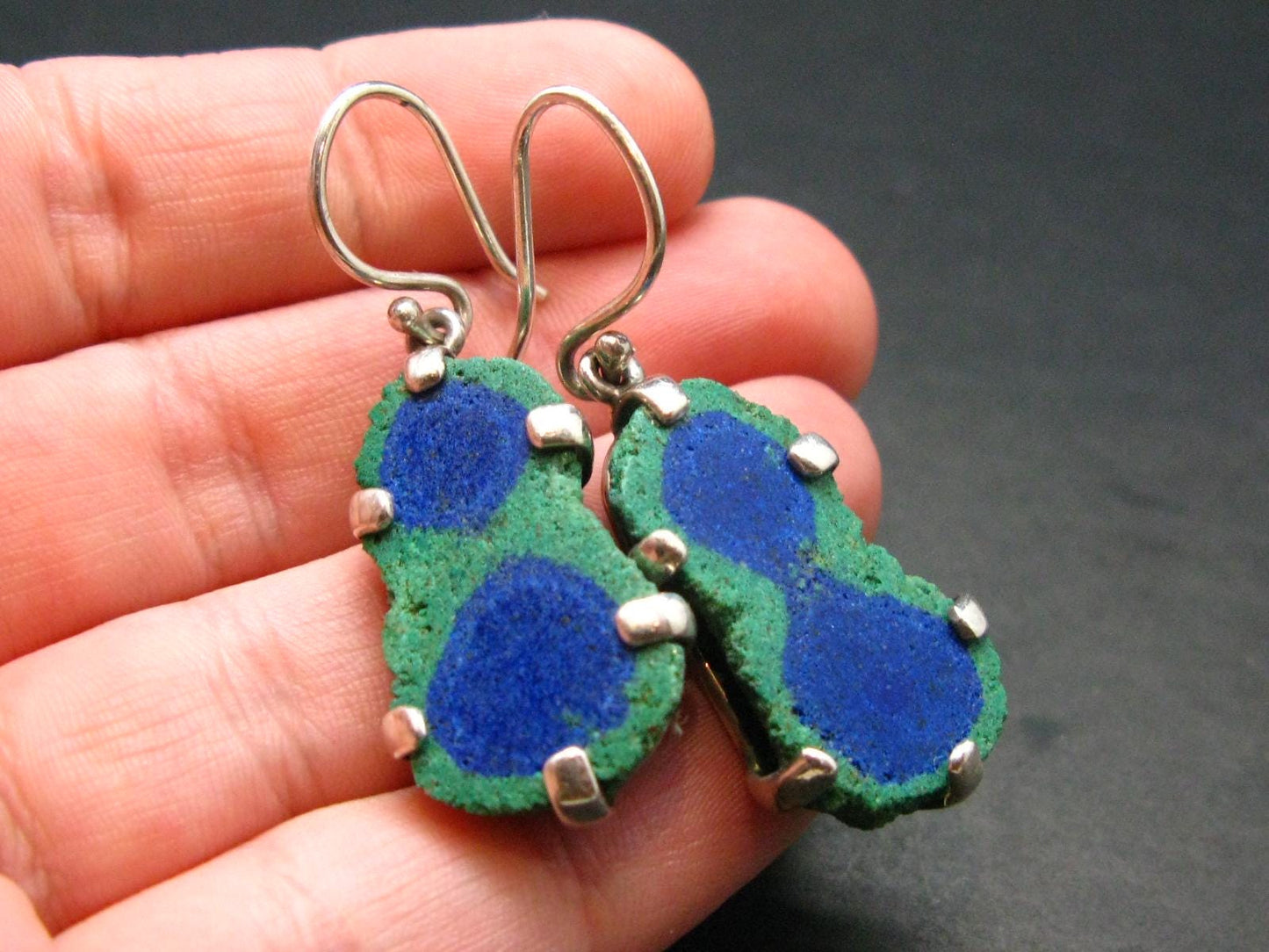 Natural Raw Deep Blue Azurite with Green Malachite Earrings In Sterling Silver From Mexico - 1.7"