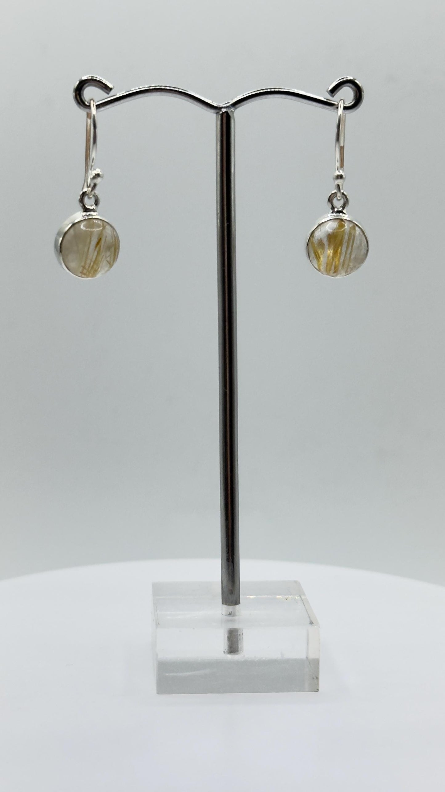 Golden Rutile Quartz Earrings – Round Rutile Crystal Sterling Silver Drops