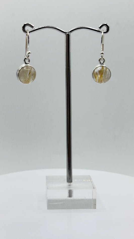 Golden Rutile Quartz Earrings – Round Rutile Crystal Sterling Silver Drops