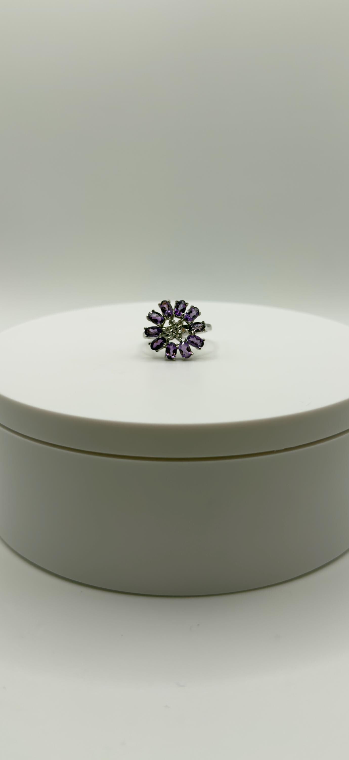 Amethyst Flower Ring – Silver Statement Ring – Elegant Botanical Jewelry - Size 7.5