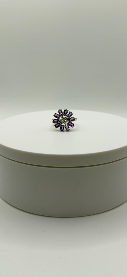 Amethyst Flower Ring – Silver Statement Ring – Elegant Botanical Jewelry - Size 7.5