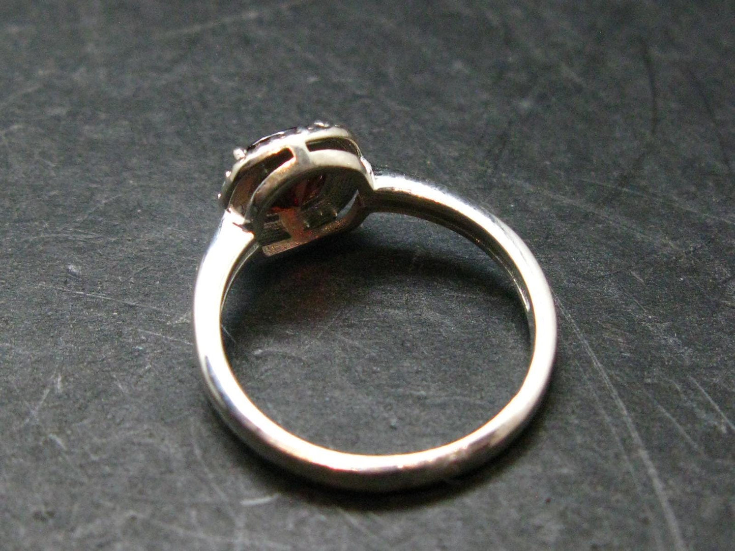 Red Garnet Rhodium Plated Sterling Silver Ring with CZ - Size 7 - 2.49 Grams