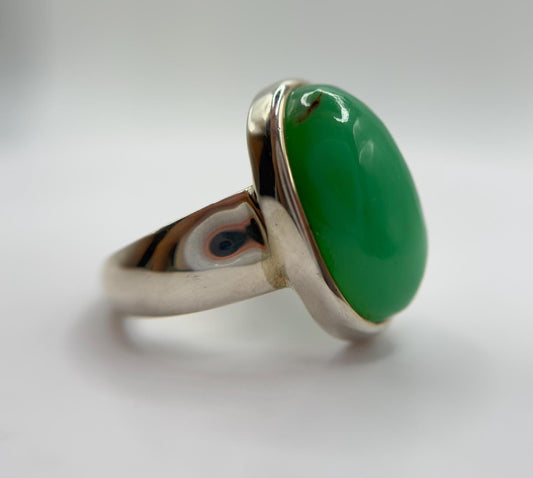 Chrysoprase Oval Ring – Natural Green Chalcedony Sterling Silver Statement Jewelry - Size 8.5