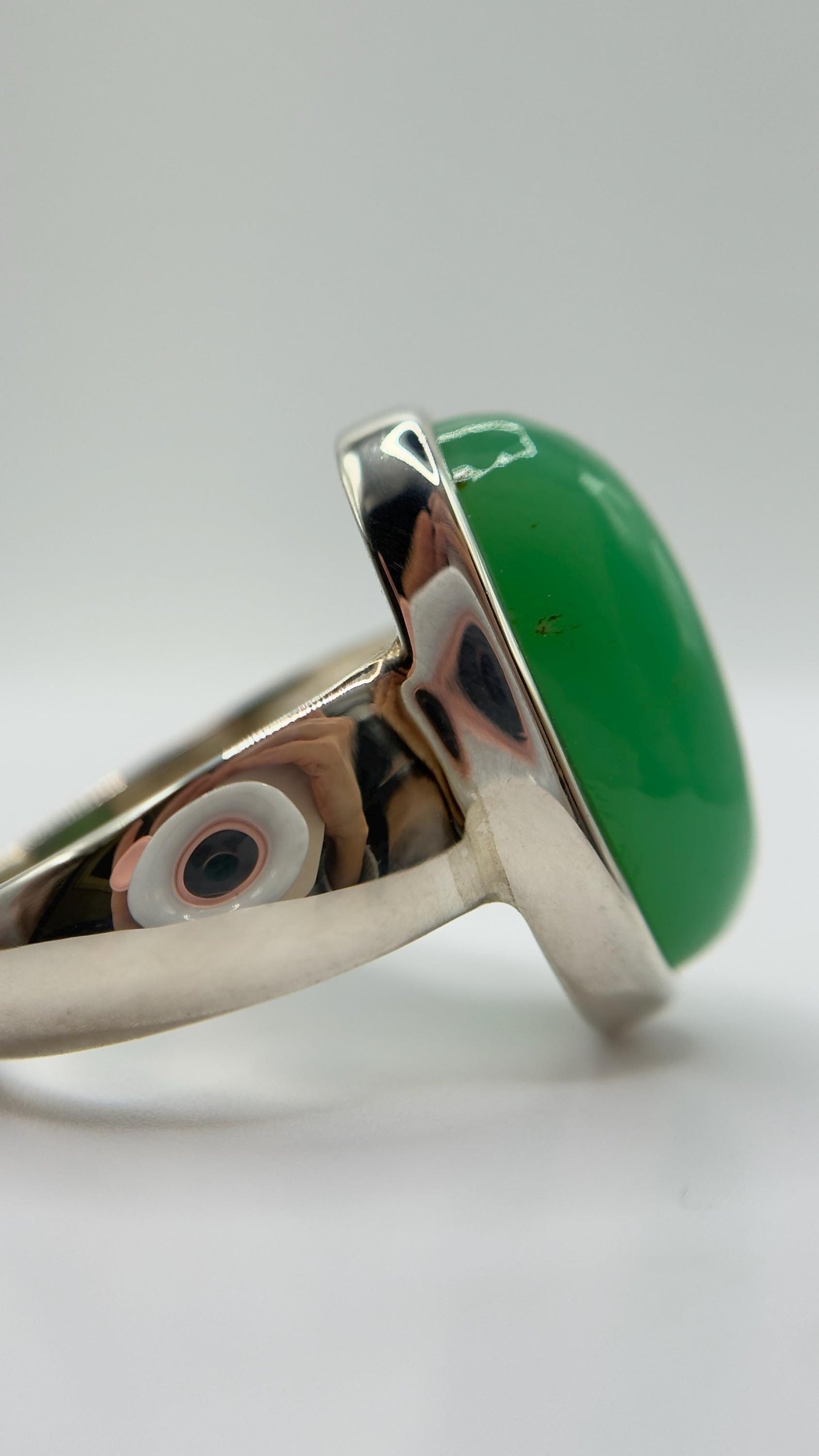 Chrysoprase Oval Ring – Natural Green Chalcedony Sterling Silver Statement Jewelry - Size 8.5