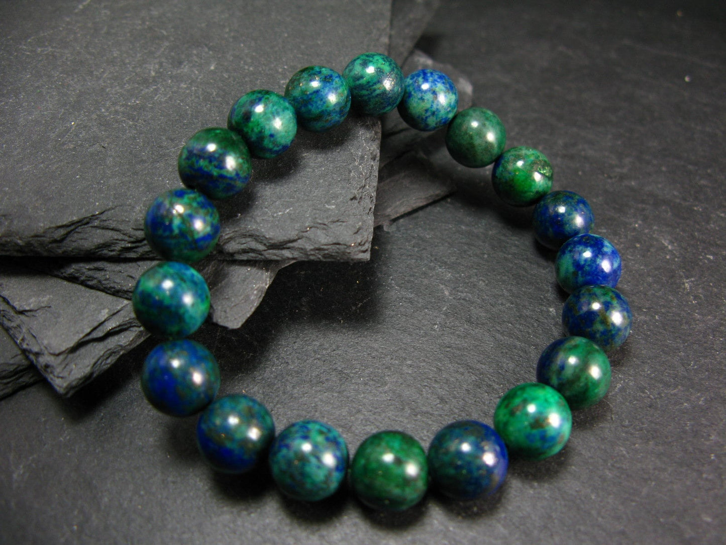 Quantum Quattro (Dioptase Chrysocola Malachite Shattuckite) Genuine Bracelet ~ 7 Inches ~ 10mm Round Beads