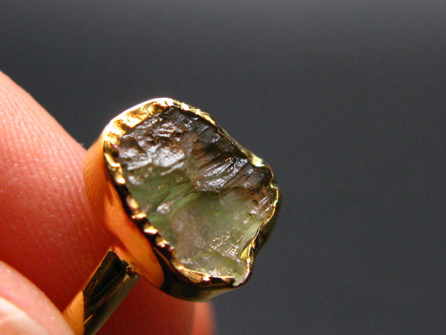 Moldavite Gold Plated Silver Ring - Size 6 - 1.21 Grams