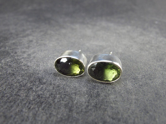 Facetted Moldavite Tektite Stud Earrings in Sterling Silver from Czech Republic - 2.38 Grams