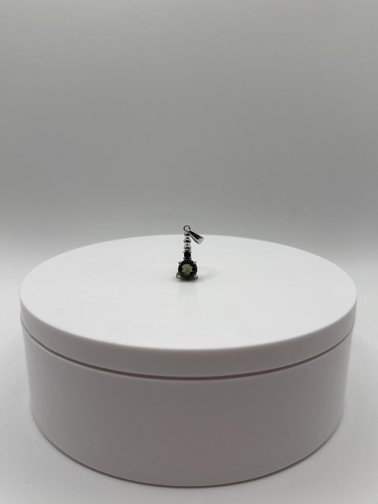 Sterling Silver Moldavite Pendant Round Cut with Garnet Accent - 1.29 Grams