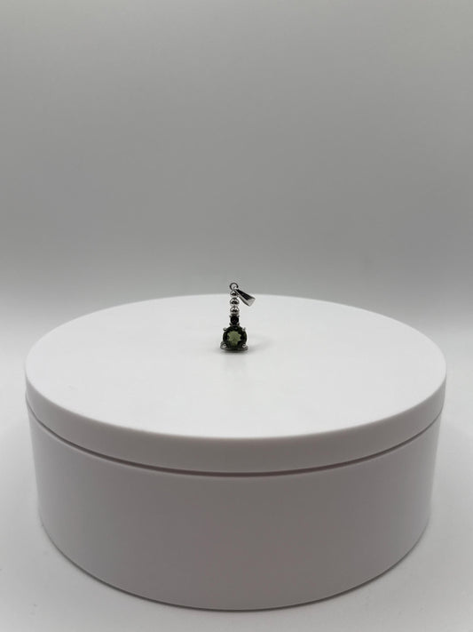 Sterling Silver Moldavite Pendant Round Cut with Garnet Accent - 1.29 Grams