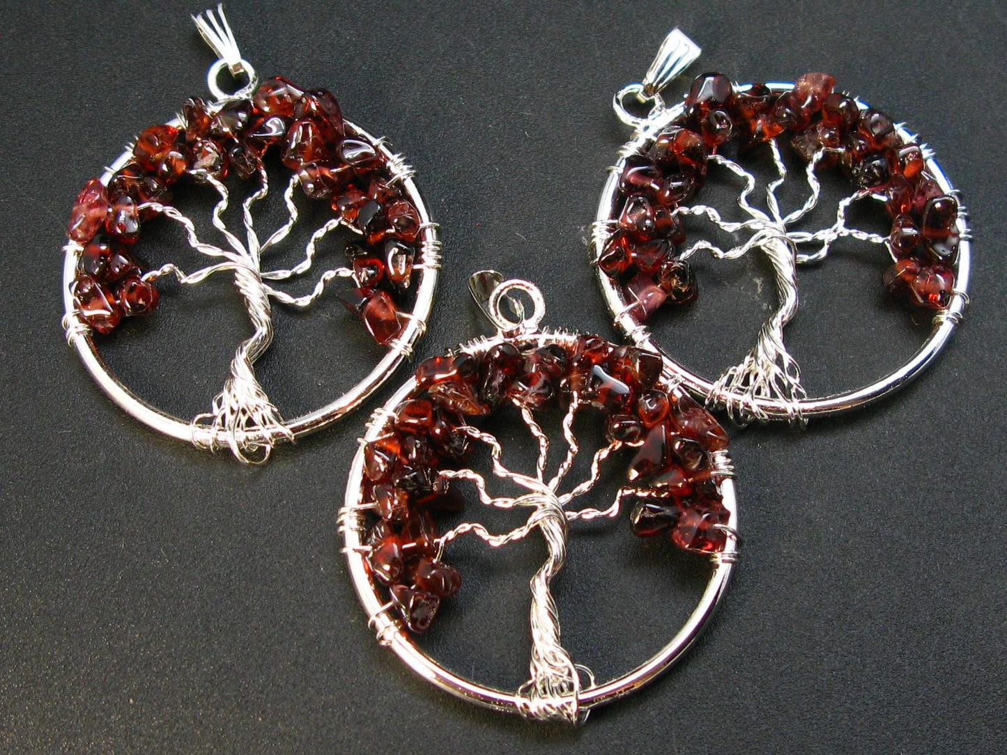 Set of Three Natural Red Garnet Almandine Tree of Life Healing Necklace Pendant
