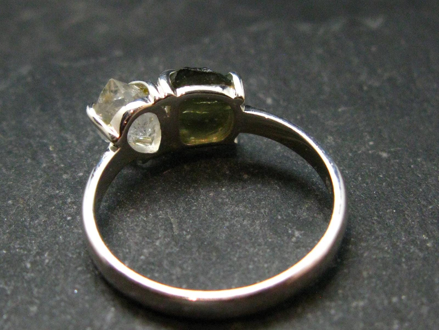 Moldavite Tektite and Herkimer Diamond Silver Ring - Size 9 - 2.71 Grams