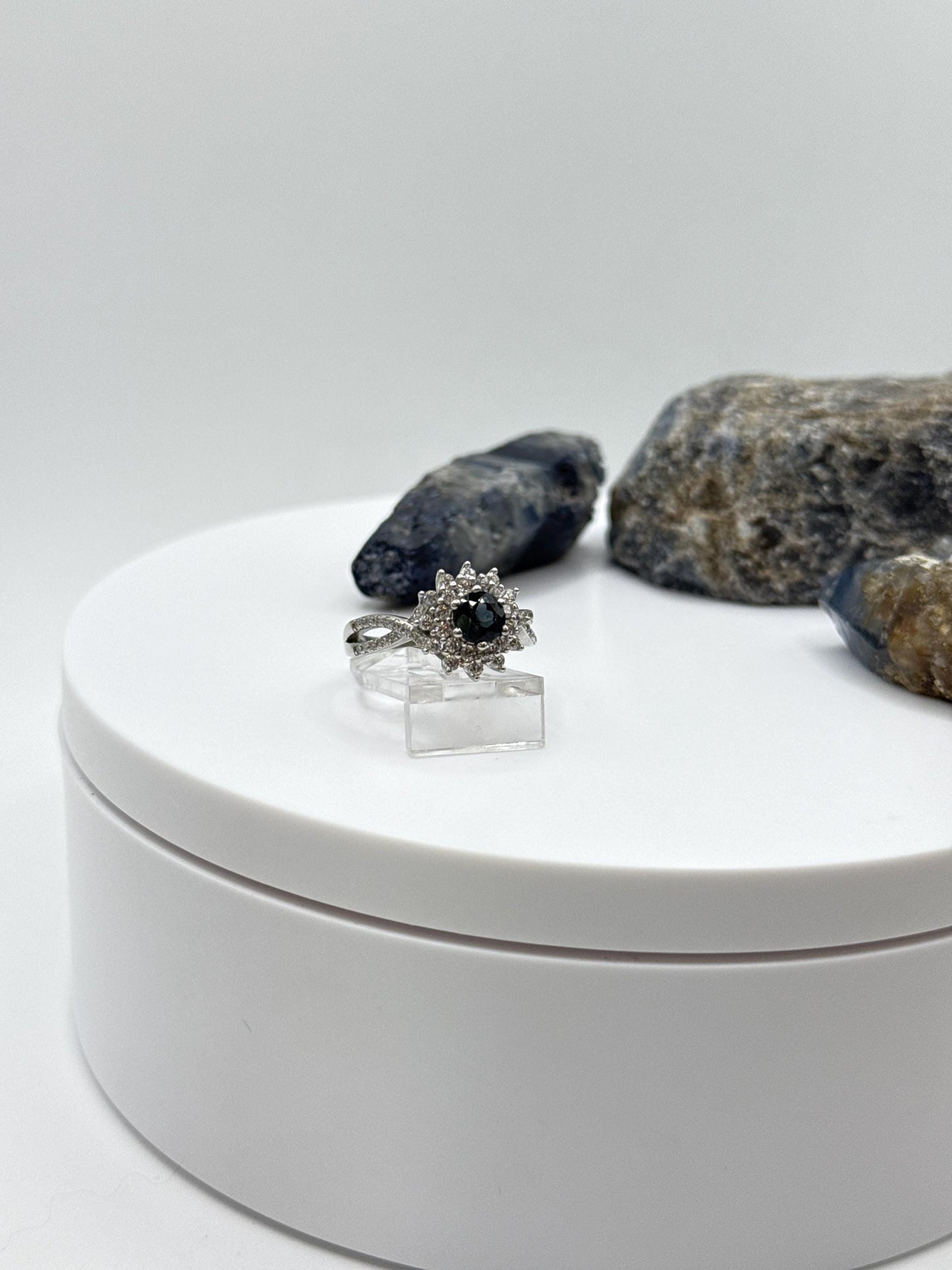 Blue Sapphire Halo Ring: Sterling Silver September Birthstone, Size 6