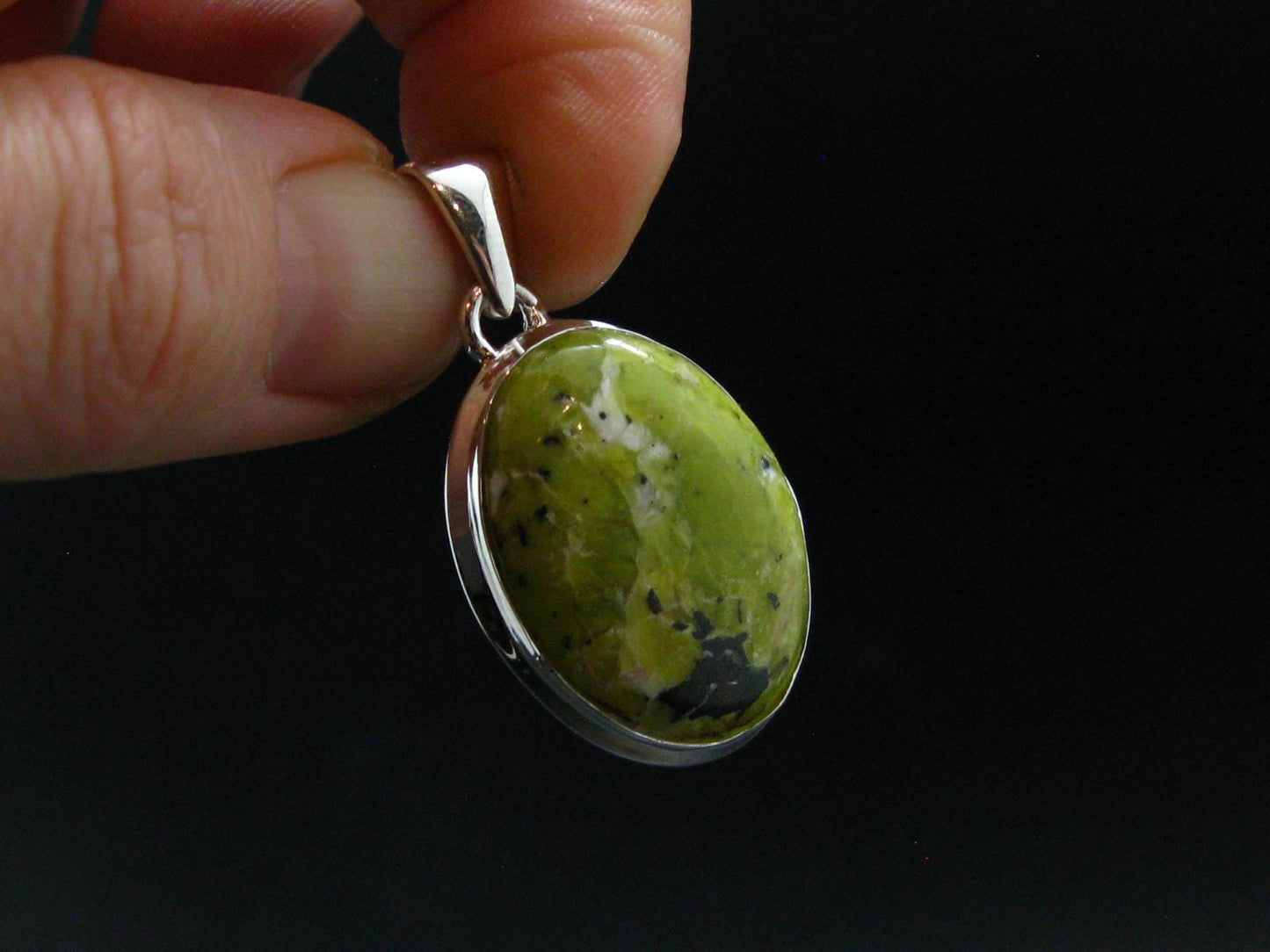 Unique Lizardite Serpentine Silver Plated Pendant from Norway - 1.4" - 5.69 Grams