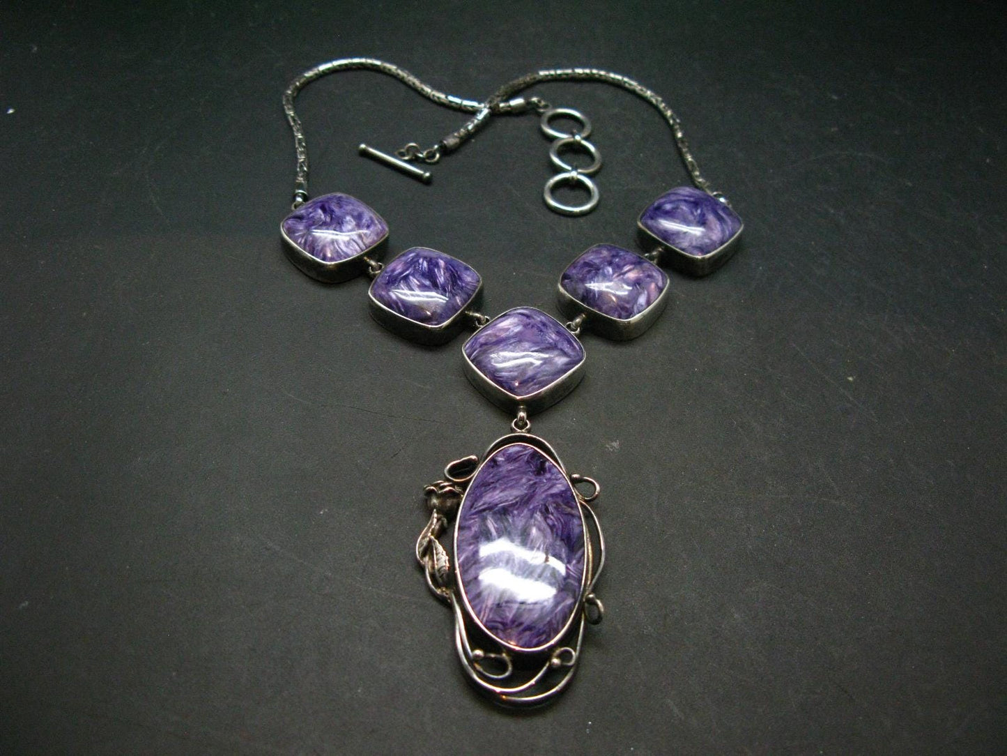Stunning Six Stones Silky Charoite AAA Quality Sterling Silver Necklace From Russia - 17"