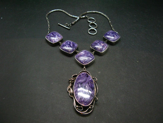 Stunning Six Stones Silky Charoite AAA Quality Sterling Silver Necklace From Russia - 17"