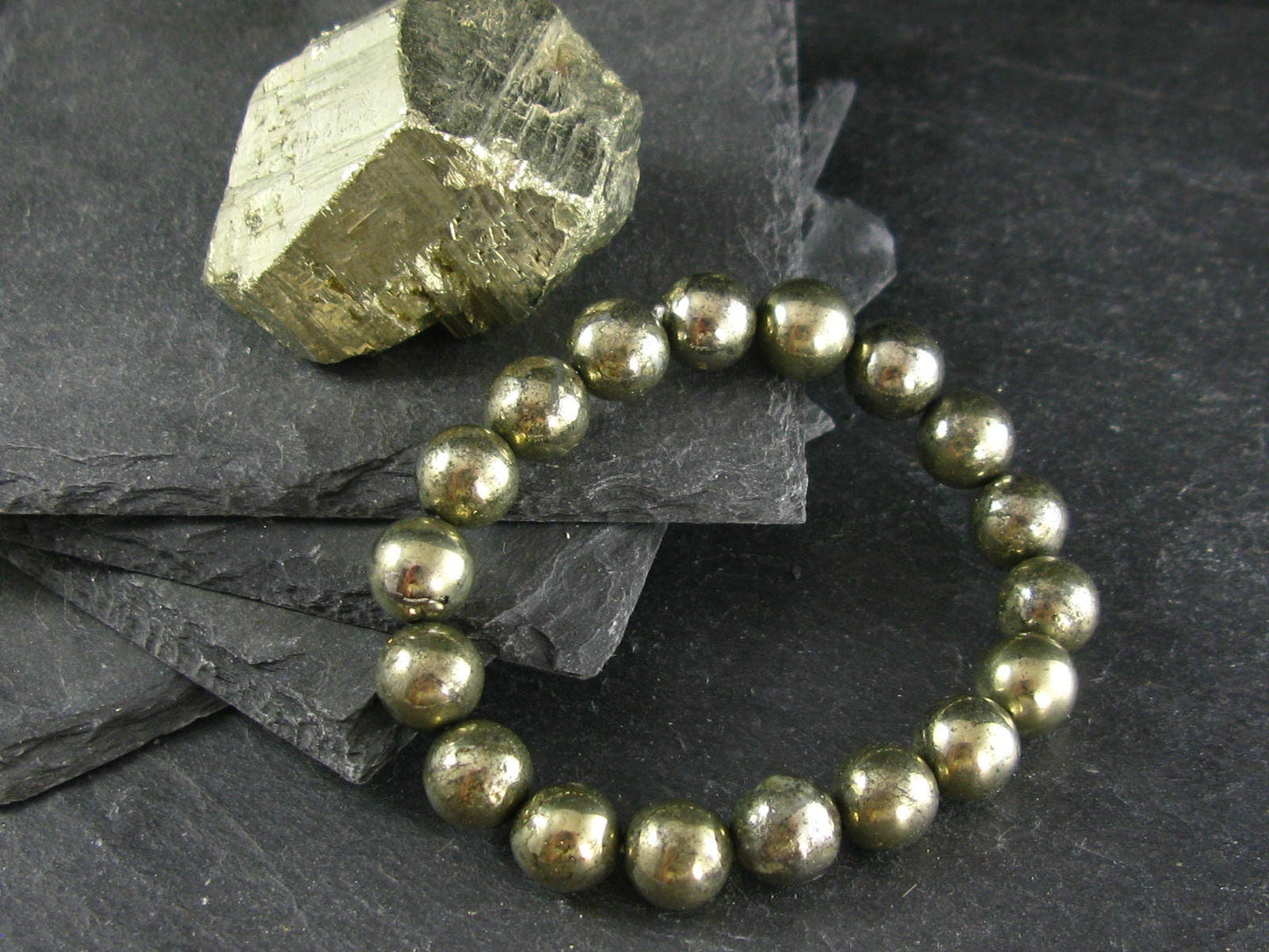 Pyrite Genuine Bracelet ~ 7 Inches ~ 10mm Round Beads