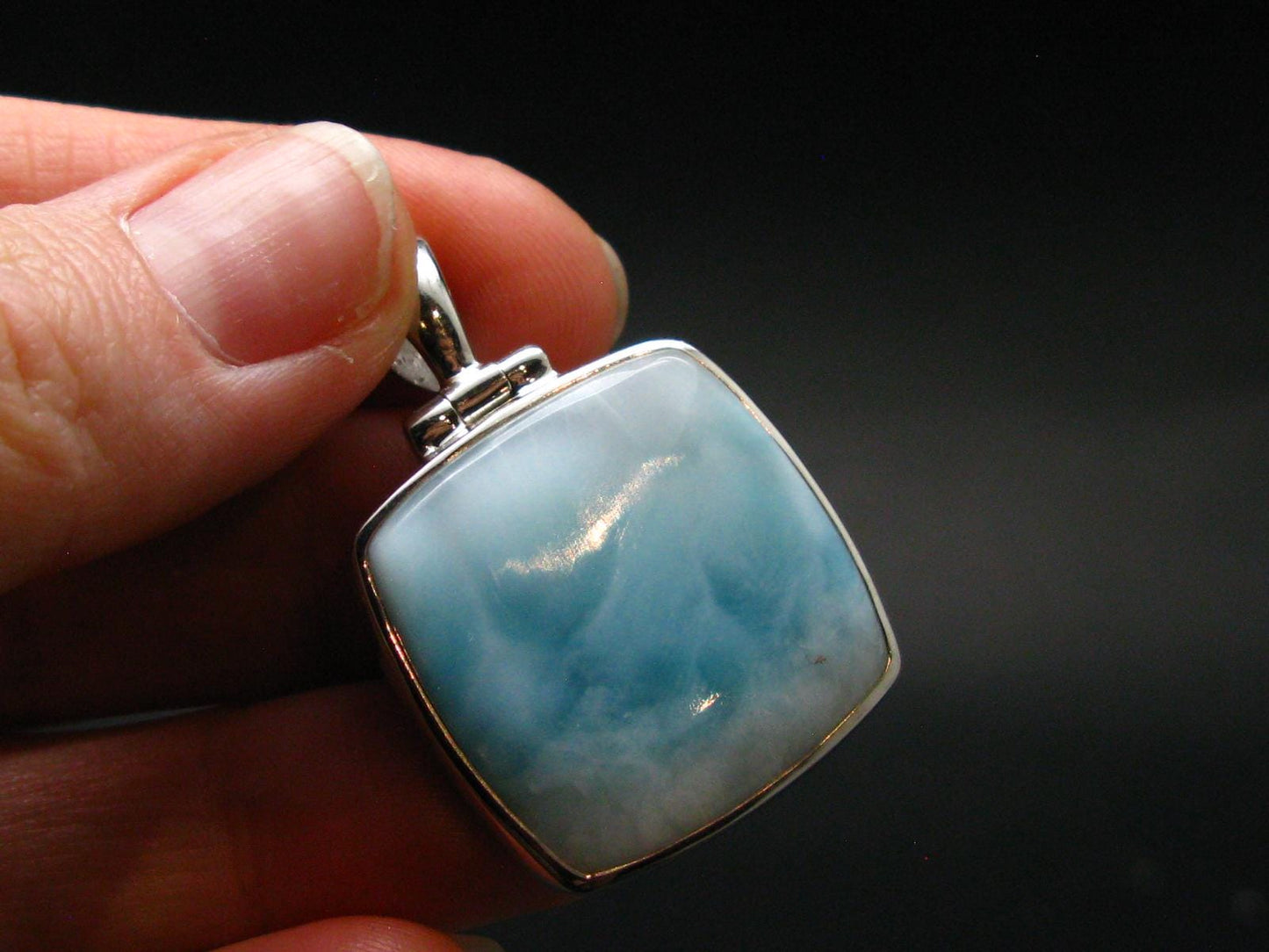 Summer’s Sea!! Rare Polished Cabochon Blue Larimar Pectolite Silver Pendant From Dominican Republic - 1.5" - 7.92 Grams
