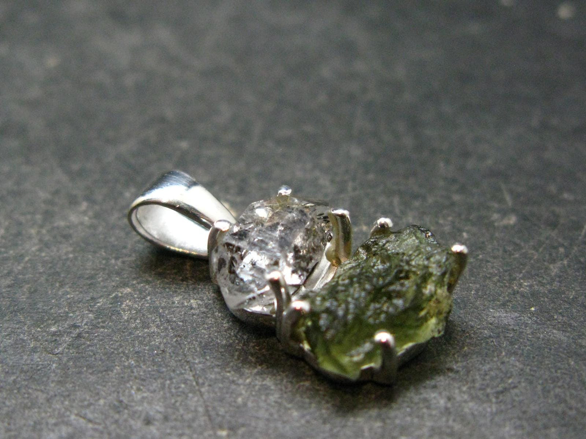 Moldavite & Herkimer Diamond Silver Pendant - 0.9" - 2.23 Grams