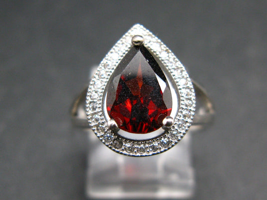 Natural Pear Shaped Faceted Red Garnet Rhodium Plated Sterling Silver Ring with CZ - Size 6.0