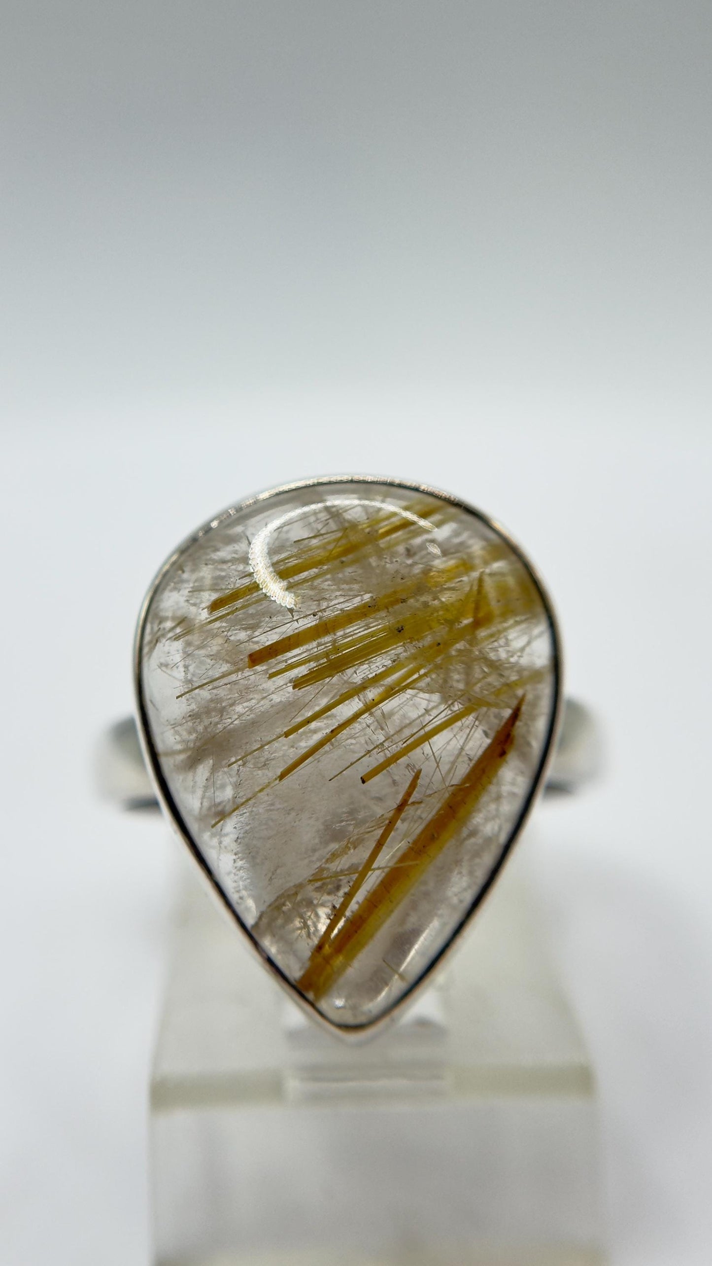 Golden Rutilated Quartz Ring – Pear Shape Rutile Crystal Statement Ring - Size 9