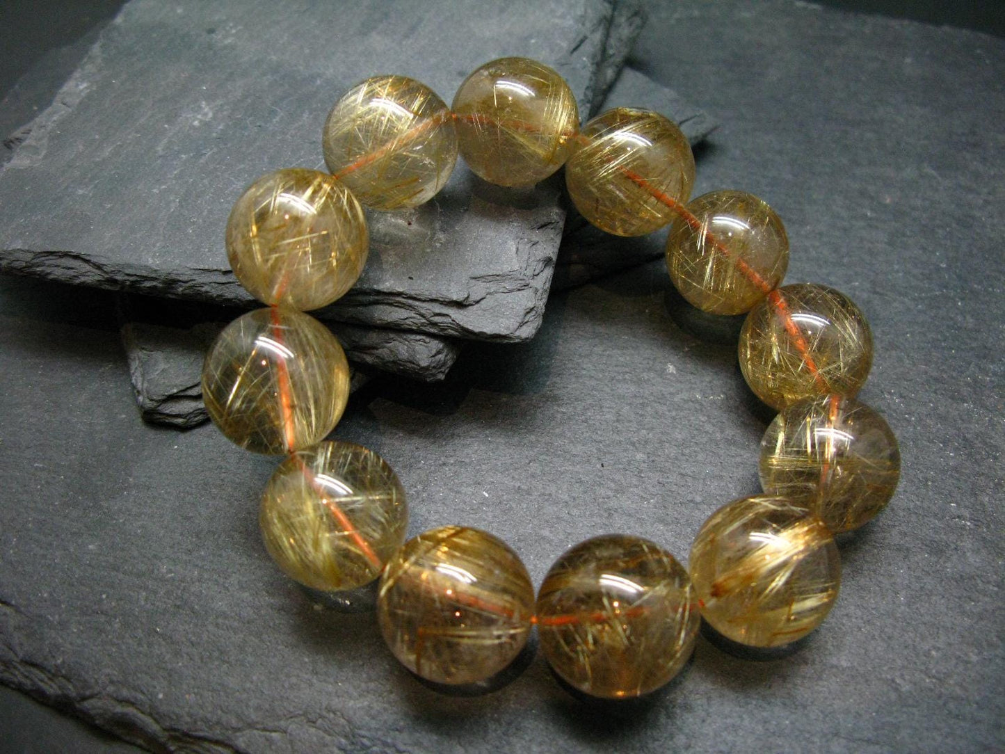 Rutilated Quartz Genuine Bracelet ~ 8 Inches ~ 20mm Round Beads