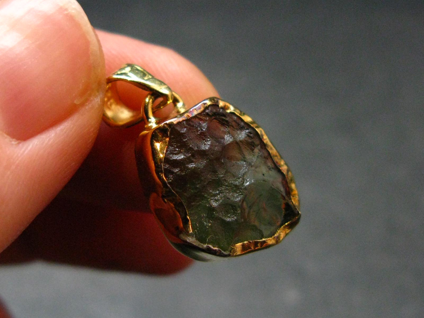 Moldavite Tektite Gold Plated Silver Pendant from Czech Republic - 0.8" - 1.60 Grams