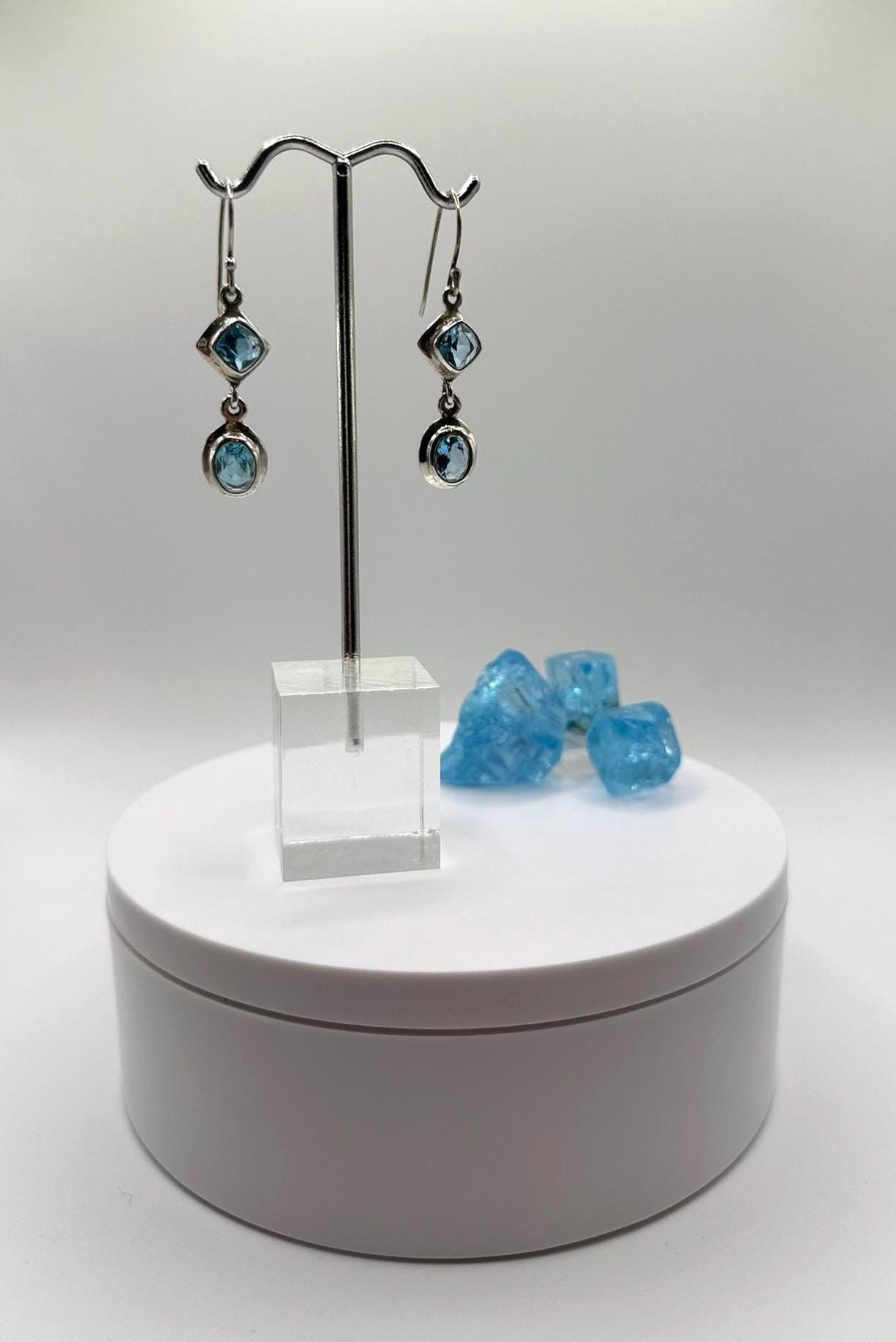 Swiss Blue Topaz Dangle Earrings with Dual Stone Design - Weight 6.68 Grams