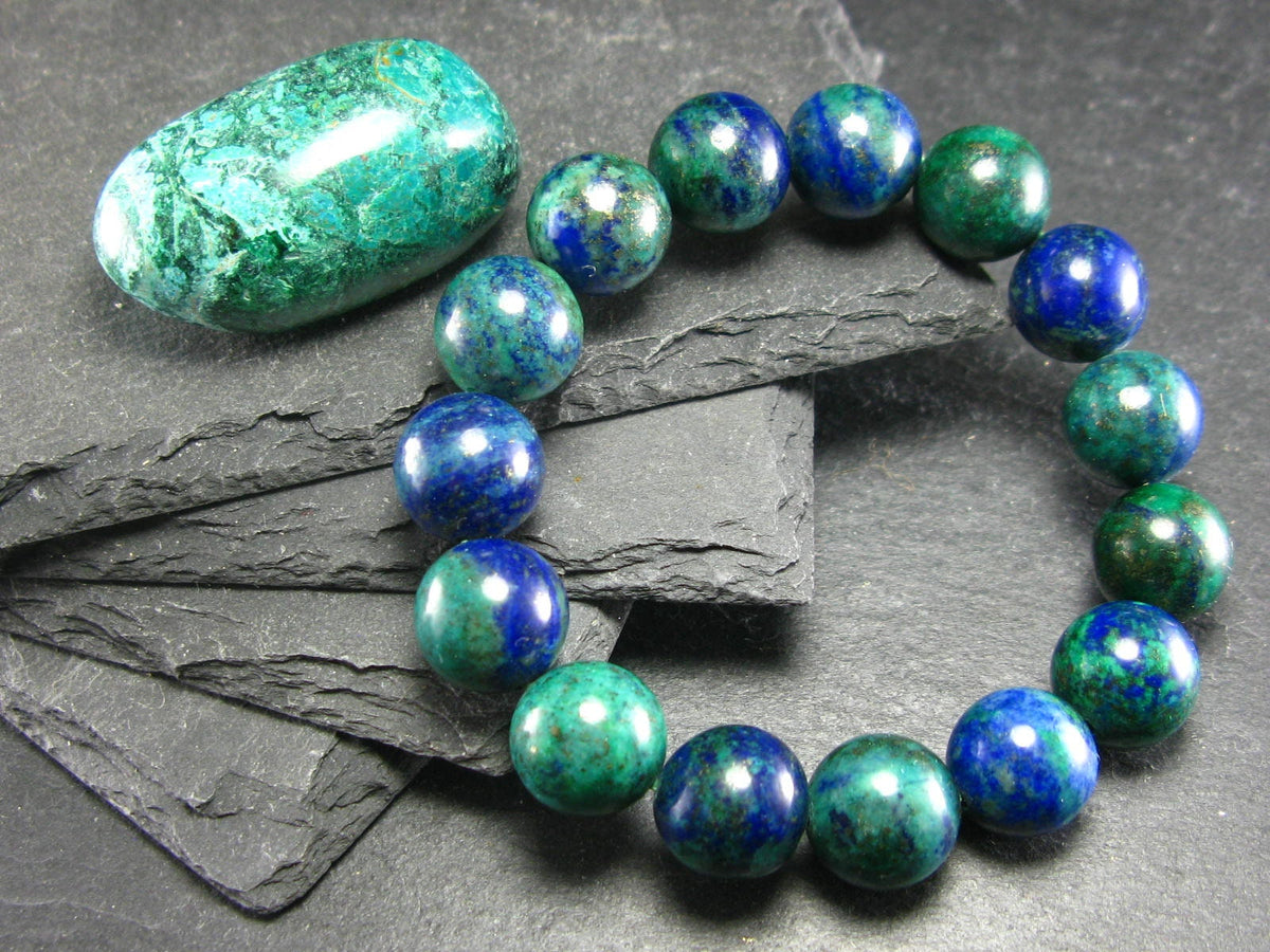 Quantum Quattro (Dioptase Chrysocola Malachite Shattuckite) Genuine Bracelet ~ 7 Inches ~ 12mm Round Beads