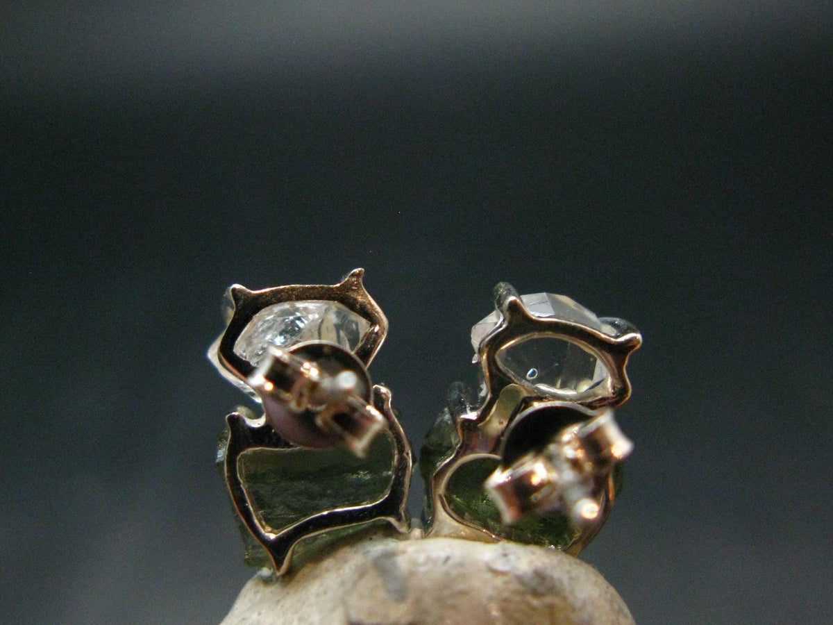 Moldavite & Herkimer Diamond Silver Stud Earrings - 0.4" - 2.52 Grams