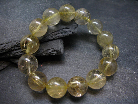 Rutilated Quartz Genuine Bracelet ~ 7 Inches ~ 14mm Round Beads