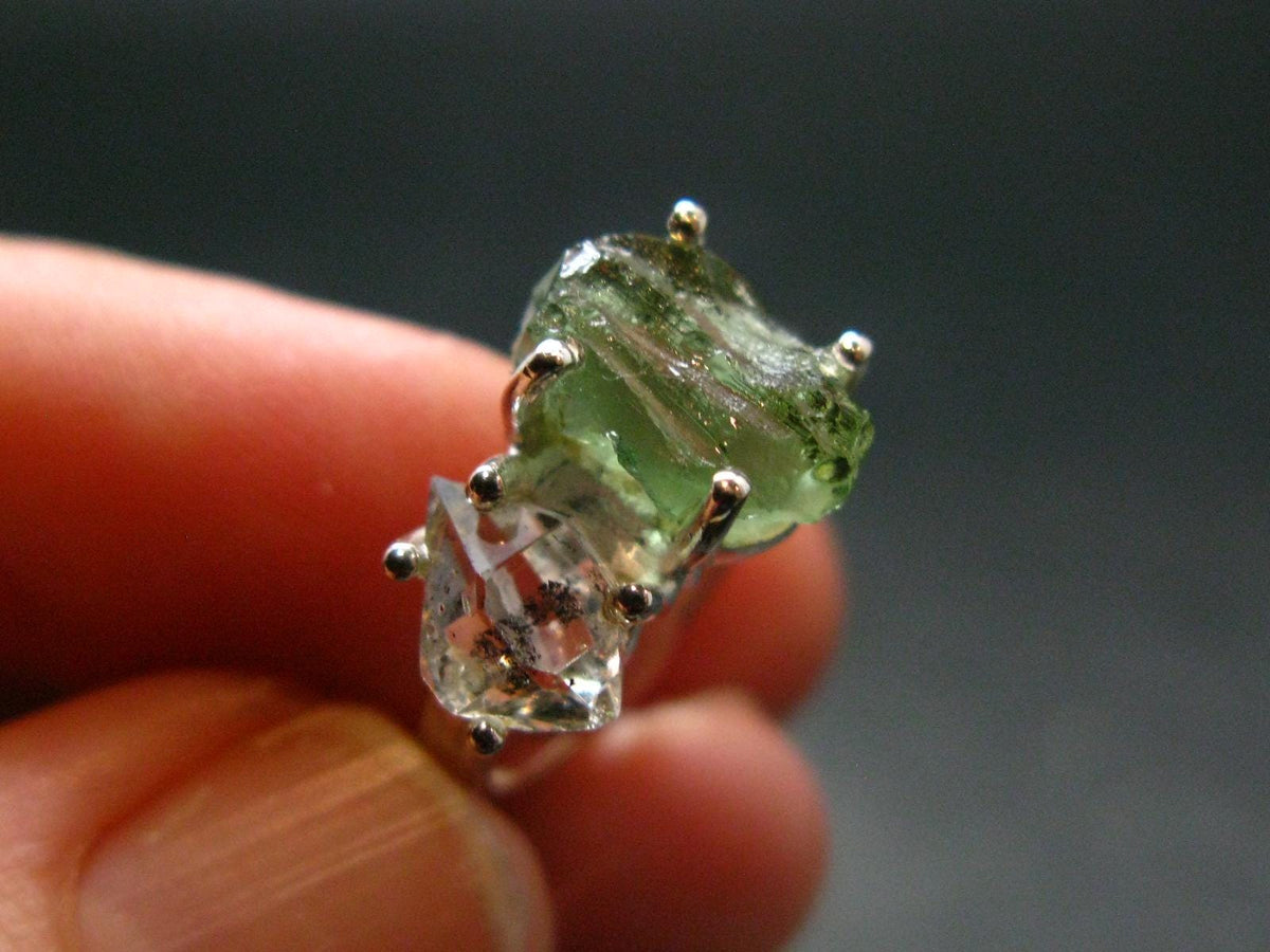 Moldavite Tektite and Herkimer Diamond Silver Ring - Size 5 - 2.84 Grams