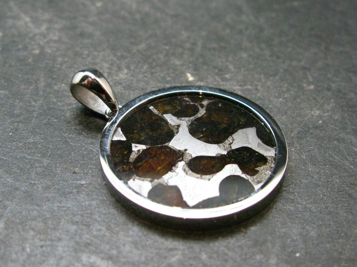 Rare Brahin Meteorite Slice With Olivine Pallasite Silver Pendant from Belarus - 1.4" - 5.27 Grams