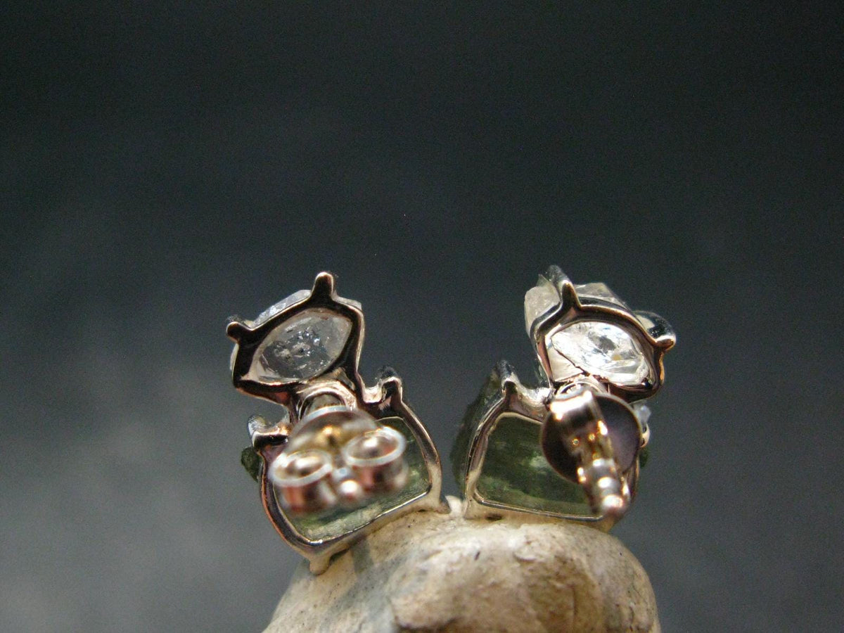 Moldavite & Herkimer Diamond Silver Stud Earrings - 0.6" - 2.53 Grams