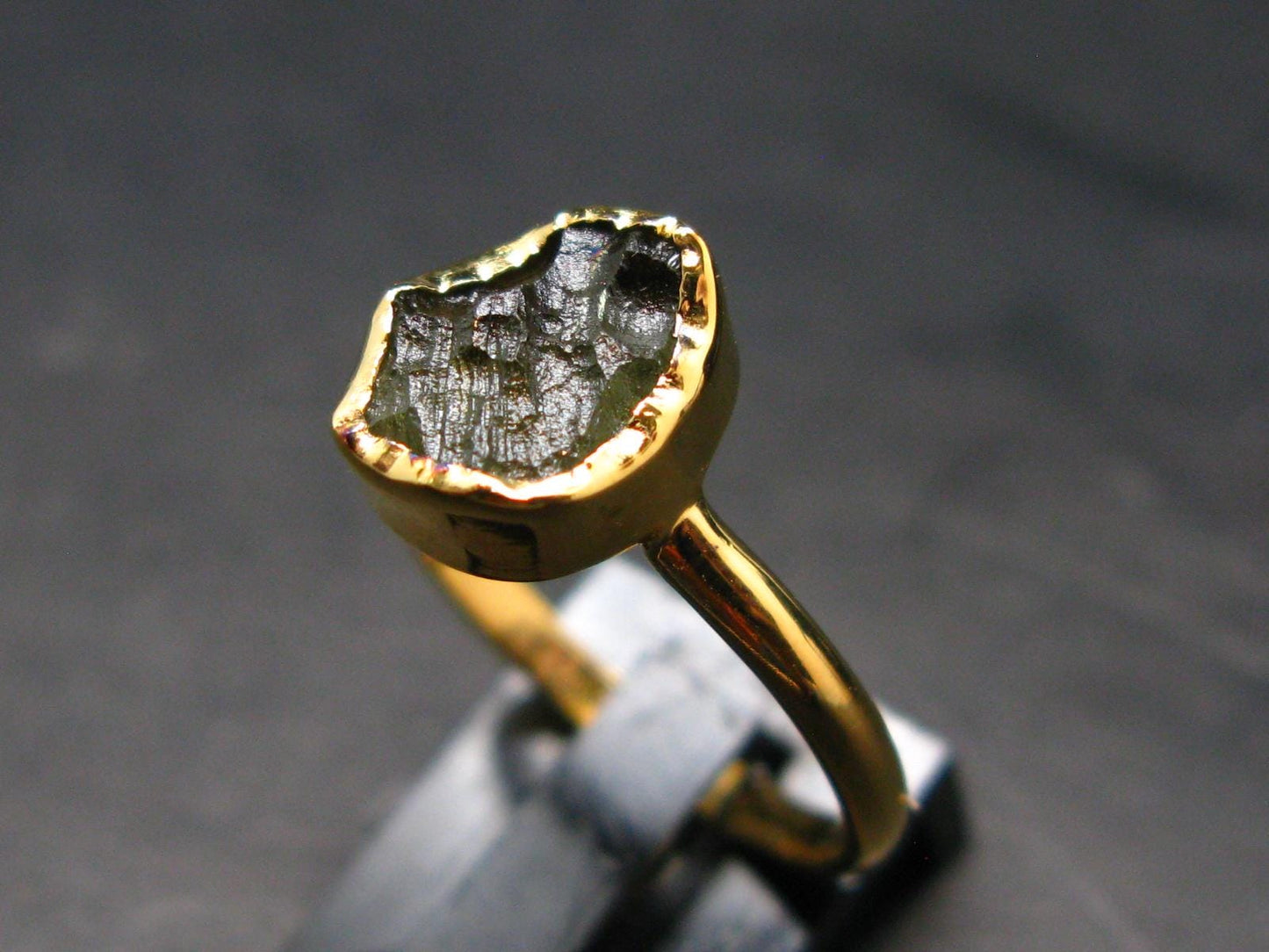 Moldavite Gold Plated Silver Ring - Size 7 - 1.19 Grams