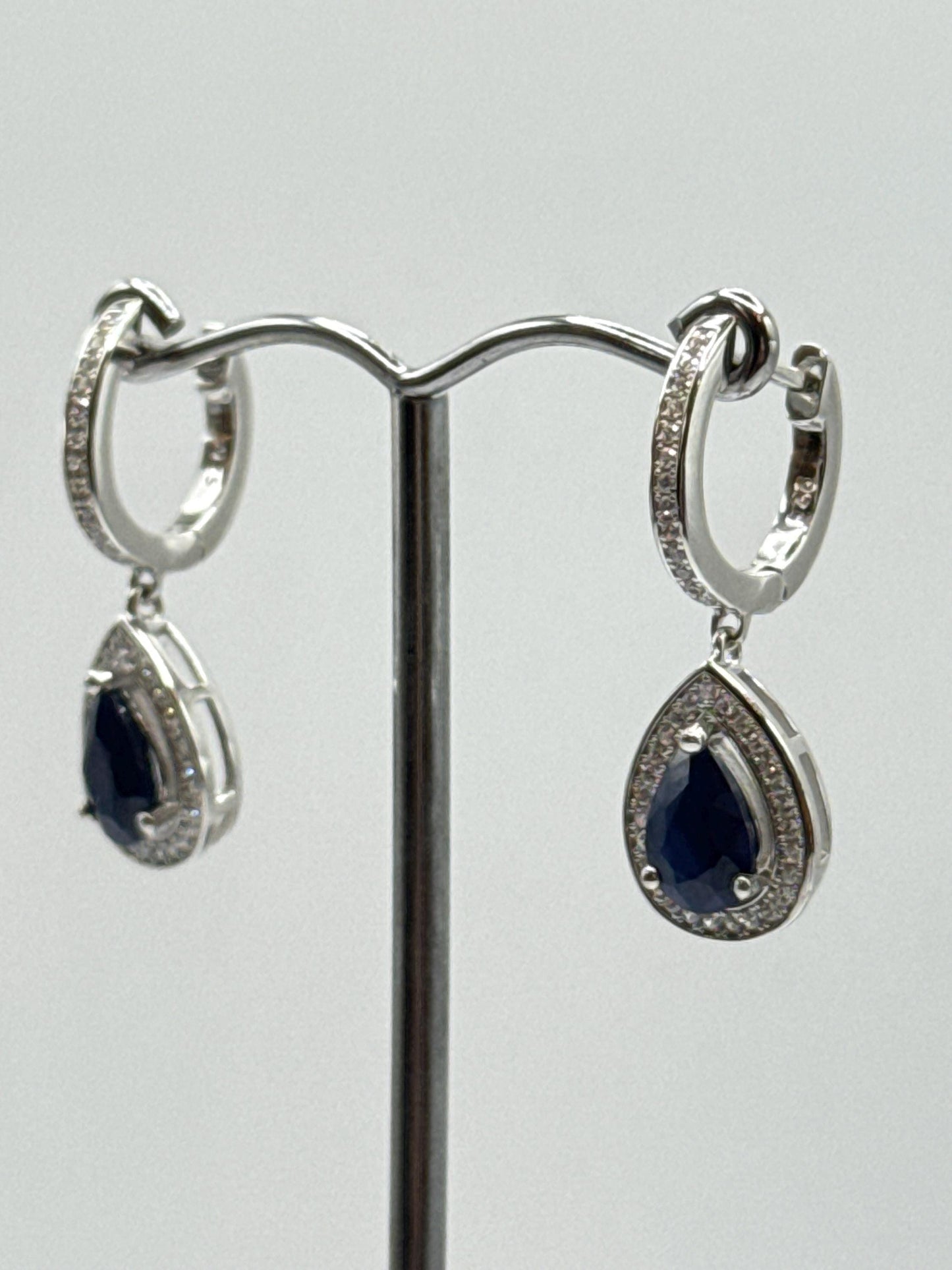 Pear Sapphire Dangle Earrings | Blue Sapphire Halo Earrings | Sterling Silver Drop Earrings | September Birthstone - Weight 5.42 g