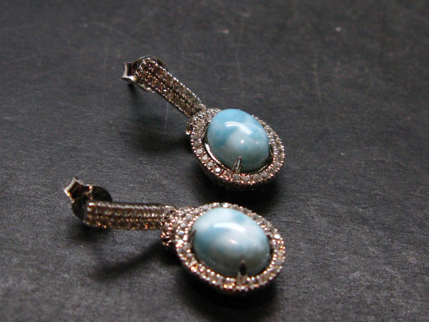Natural Cabochon Larimar Pectolite 925 Sterling Silver Earrings from Dominican Republic - 4.33 Grams