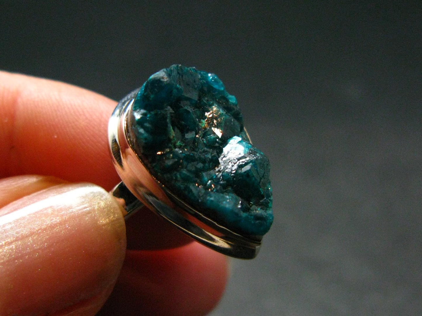 Emerald Green Dioptase Crystal Silver Ring from Congo - 5.85 Grams - Size 6
