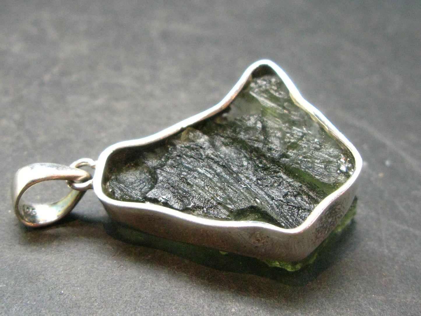 Moldavite Tektite Silver Clover Pendant from Czech Republic - 1.4" - 6.66 Grams
