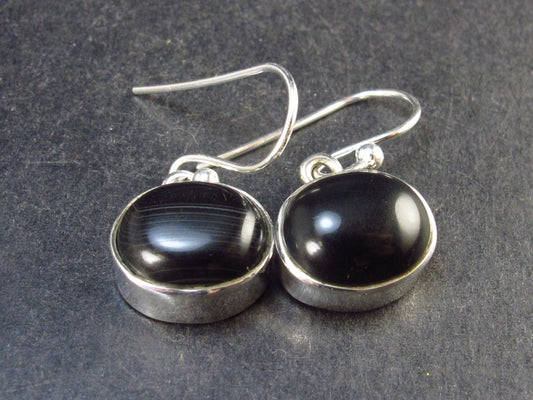 Black Onyx Cabochon Sterling Silver Earrings - 0.9" - 4.7 Grams