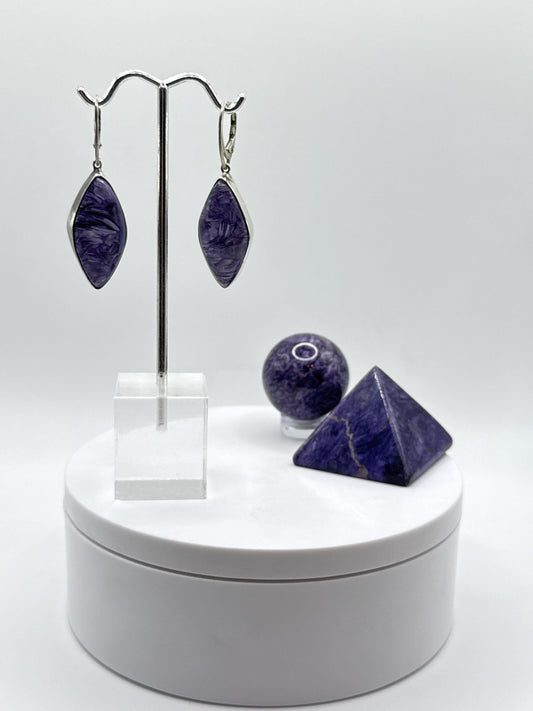 Charoite & Sterling Silver Marquise Earrings - 13.37 Grams