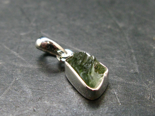 Gem Moldavite Tektite SS Pendant From Czech Republic - 0.7" - 1.0 Grams